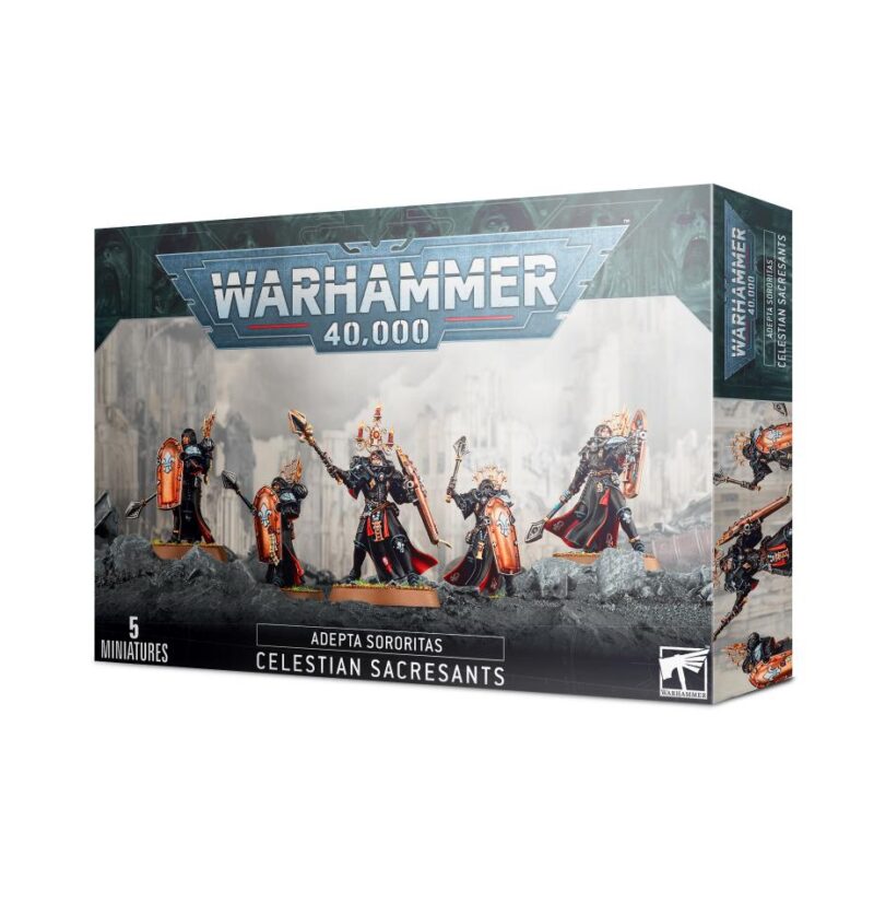 Adeptus Sororitas Celestial Sacresants set features five detailed miniatures in a dramatic battlefield scene.