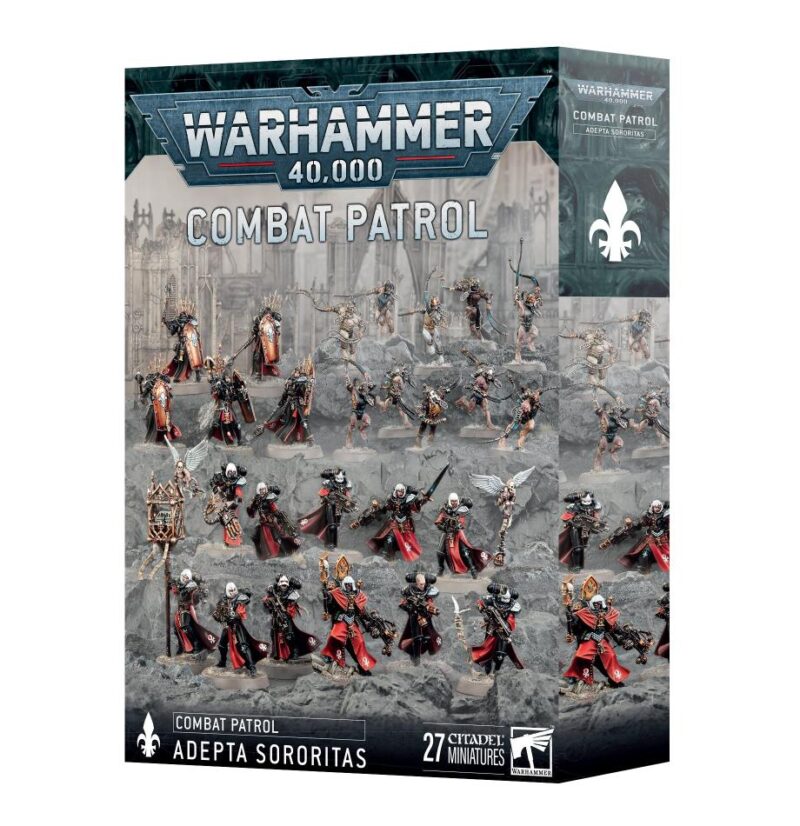 Adepta Sororitas Combat Patrol Set for Warhammer 40,000 features 27 detailed miniatures and vibrant art.