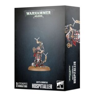 Adepta Sororitas Hospitaller Miniature for Warhammer 40K: A detailed warrior-healer model in sleek packaging.