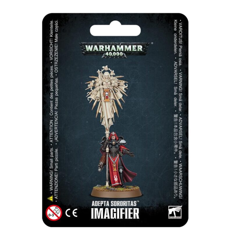 Adeptus Sororitas Imagifier miniature packaging showcases intricate details and vibrant colors amidst a dark backdrop.