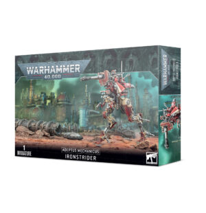 Adeptus Mechanicus Ironstrider model kit box, featuring intricate design and Warhammer 40Ks dystopian lore.