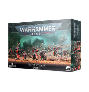 Adeptus Mechanicus Skitarii Tactical Squad: dynamic mechanized warriors in action on a war-torn battlefield.