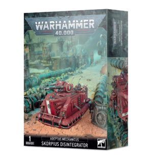 Adeptus Mechanicus Skorpius Disintegrator in a dark, war-torn landscape from Warhammer 40,000.