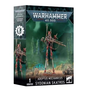 Adeptus Mechanicus Sydonian Skatros packaging, featuring a striking mechanized figure in a dark setting.