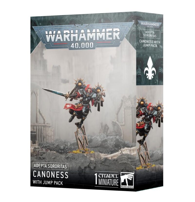 Adeptus Sororitas Canoness with Jump Pack, showcasing intricate details and dynamic combat pose.