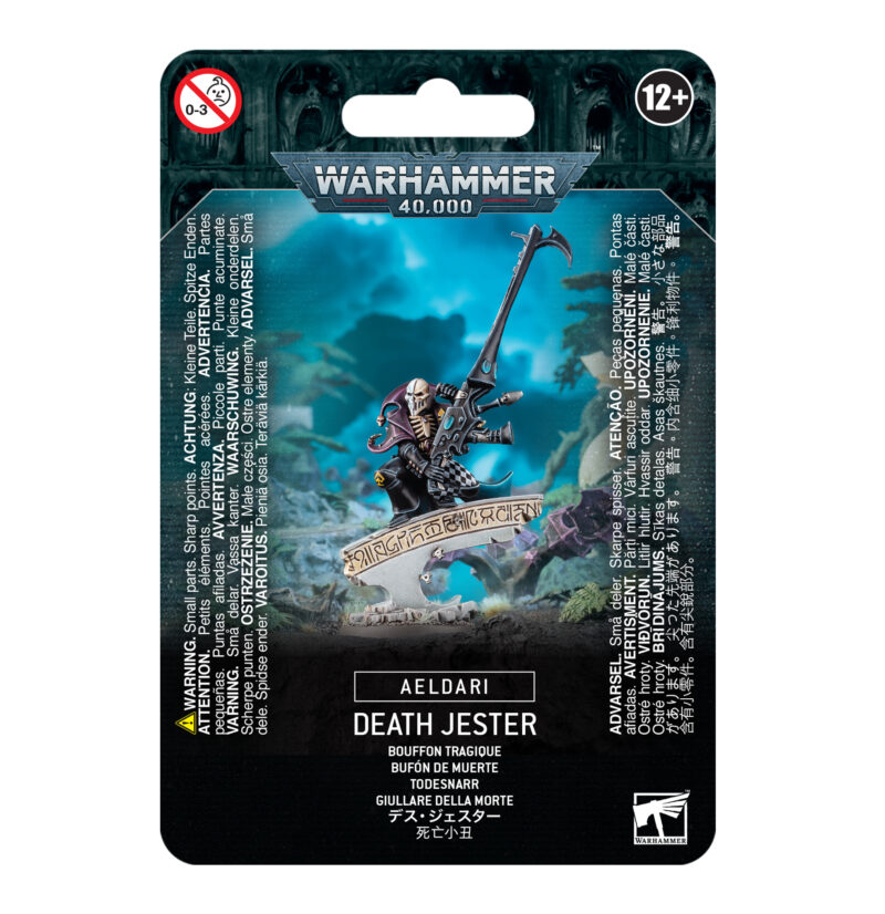 Aeldari Death Jester miniature with vibrant packaging, showcasing intricate details and collectible appeal.