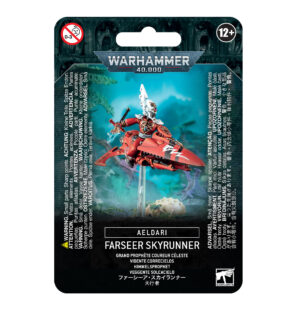 Aeldari Farseer Skyrunner miniature packaging featuring vibrant design and futuristic hover vehicle.