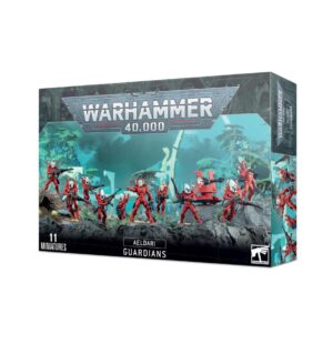 Aeldari Guardians Warhammer 40,000 box set featuring 11 detailed miniatures in vibrant red armor.