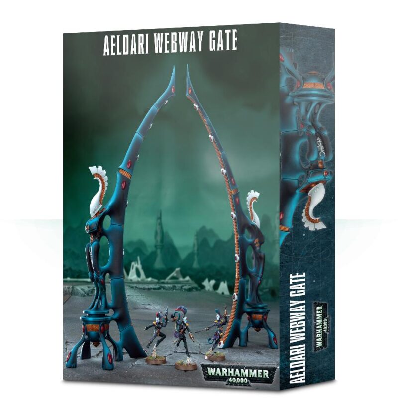 Aeldari Webway Gate miniature set with dynamic warriors, intricate design, and mystical backdrop.