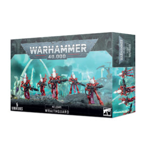 Aeldari Wraithguard miniatures set: five detailed figures in vibrant red for Warhammer 40,000.