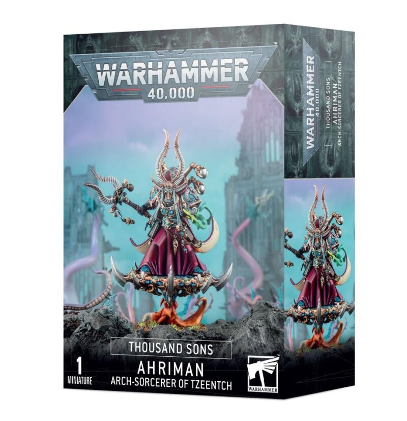 Ahriman model packaging: Dark, vibrant art showcasing the Thousand Sons arch-sorcerer from Warhammer 40,000.