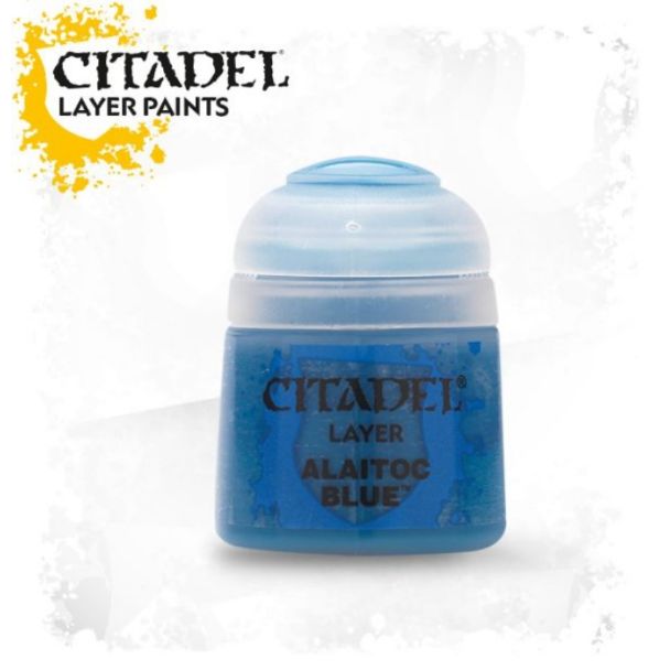 Vibrant Alaitoc Blue layer paint from Citadel, ideal for detailing miniatures and models.