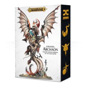 Archaon the Everchosen model box art from Warhammer, showcasing power and chaos in stunning detail.