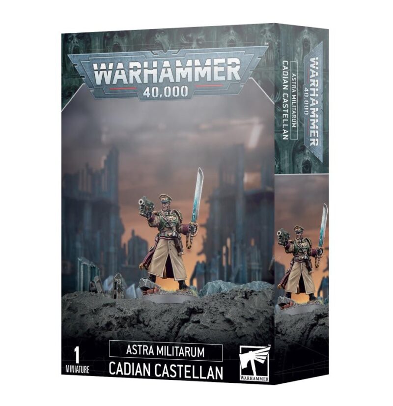 Astra Militarum Cadian Castellan model kit art showcasing a heroic soldier in a war-torn landscape.