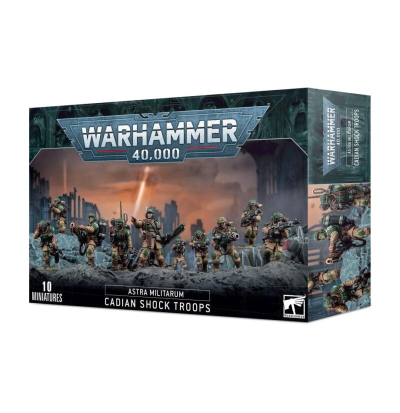 Astra Militarum Cadian Shock Troops set features 10 miniatures for thrilling Warhammer 40K gameplay.