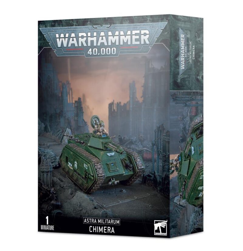 Astra Militarum Chimera model kit box art in dark green, showcasing detailed armored vehicle in ruins.