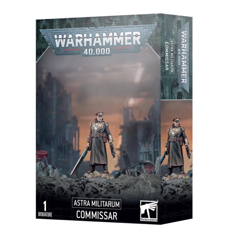 Astra Militarum Commissar miniature figure set featuring detailed artwork and a grimdark Warhammer 40,000 theme.