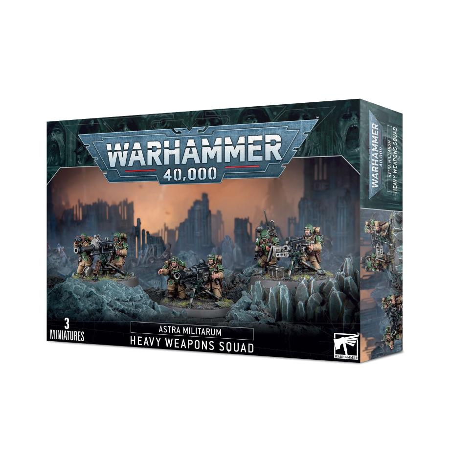 Astra Militarum Heavy Weapons Squad miniatures in dramatic Warhammer 40,000 box art.