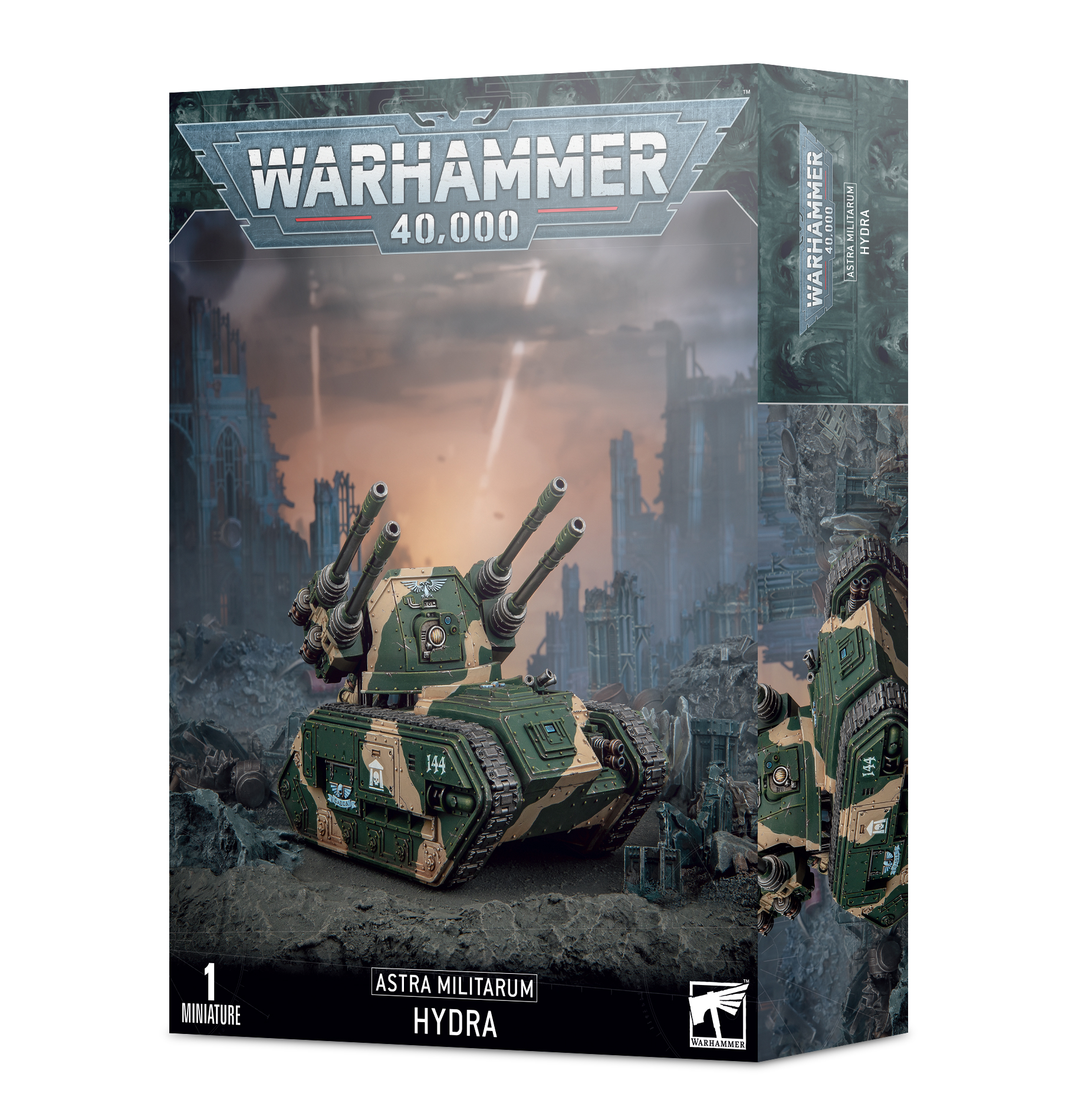 Astra Militarum Hydra model kit box art showcasing intense Warhammer 40,000 action and detail.