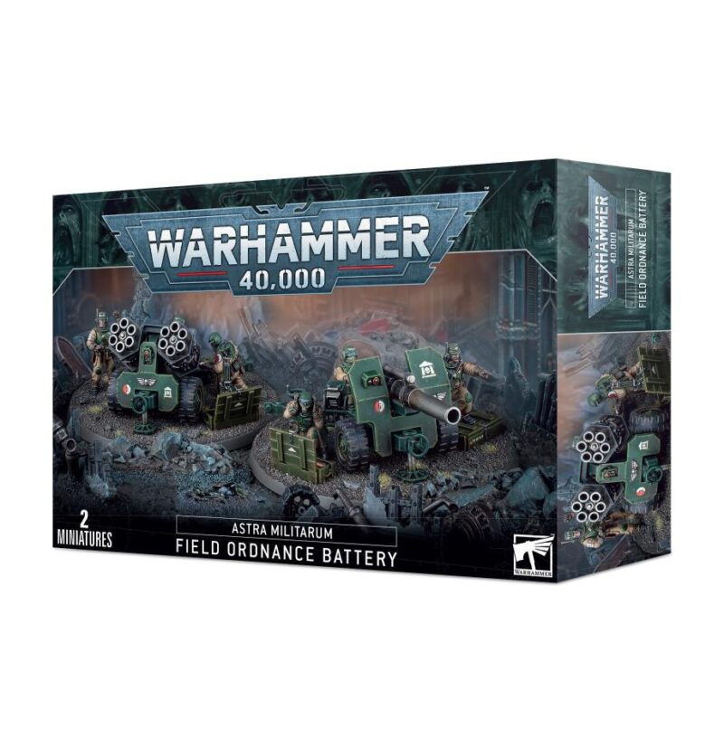 Astra Militarum Field Ordnance Battery set features detailed artillery miniatures in a war-torn setting.
