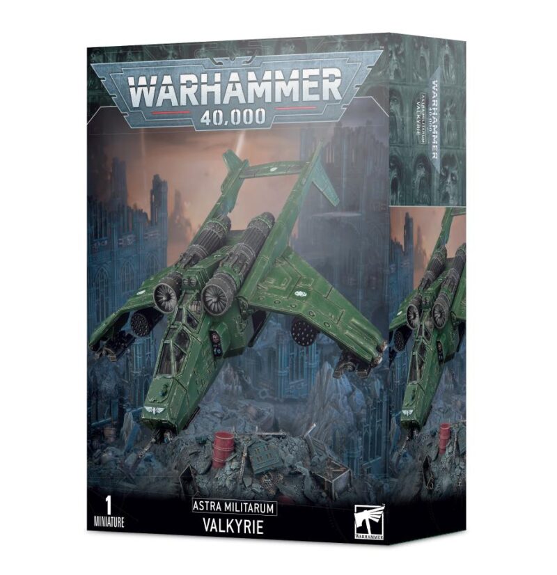 Astra Militarum Valkyrie model kit box art showcasing futuristic aircraft in a dystopian landscape.