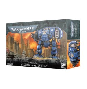 Ballistus Dreadnought model kit for Warhammer 40,000, featuring intricate details and vibrant battle art.