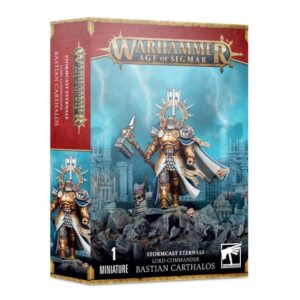 Bastian Carthalos Stormcast Eternals miniature box art showcasing detailed armor and heroic stance.
