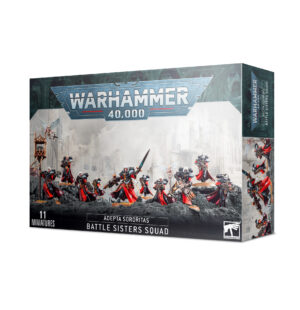 Battle Sisters Squad miniatures kit: dynamic poses, detailed figures, striking red power armor for Warhammer 40K.