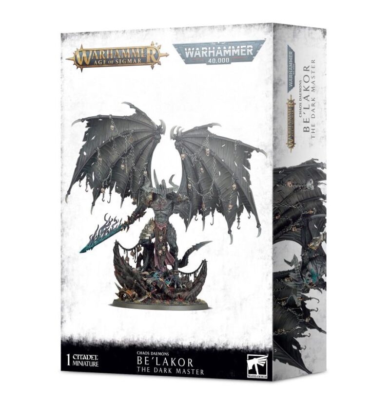 Belakor, The Dark Master miniature set: detailed figure with wings, armor, and chaotic base.