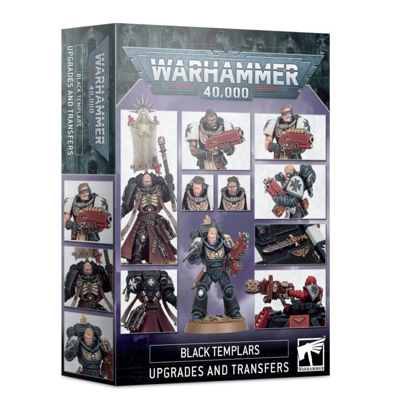 Black Templars Warhammer 40K upgrade box with detailed miniatures and customization options.