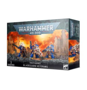 Bladeguard Veterans miniatures: Dynamic Space Marines in ornate blue armor for Warhammer 40,000.