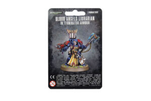 Blood Angels Librarian in Terminator Armor miniature, showcasing intricate details and vibrant colors.