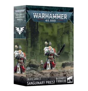 Blood Angels Sanguinary Priest miniature in striking Warhammer 40,000 box art, showcasing intricate design.