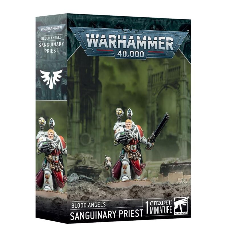 Blood Angels Sanguinary Priest miniature in striking Warhammer 40,000 box art, showcasing intricate design.