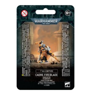 Dynamic Cadre Fireblade miniature from Tau Empire in Warhammer 40,000, featuring vibrant armor details.