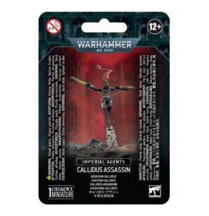 Callidus Assassin model packaging features intricate details and dramatic design from Warhammer 40,000.