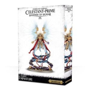 Celestant-Prime miniature from Age of Sigmar features vibrant art and heroic armor design.