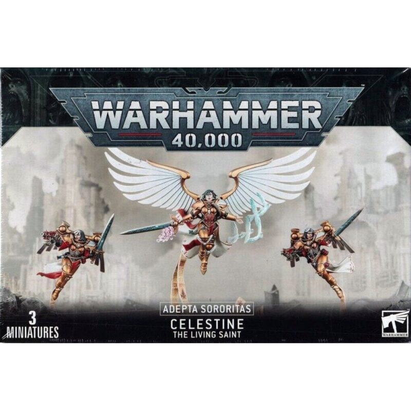 Celestine and Sisters of Battle miniatures set in a gothic Warhammer 40,000 landscape.