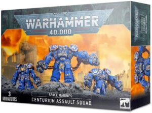 Centurion Assault Squad: Three elite Space Marines in dynamic blue armor for Warhammer 40,000.