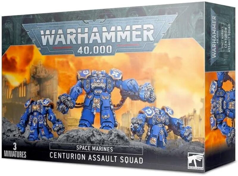 Centurion Assault Squad: Three elite Space Marines in dynamic blue armor for Warhammer 40,000.