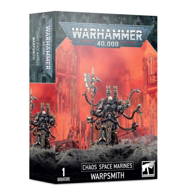 Chaos Space Marines Warpsmith model packaging features dynamic dark artwork and the Warhammer 40,000 logo.