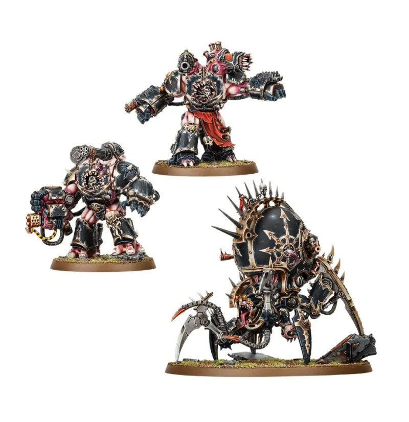 Chaos miniatures from Warhammer 40,000 featuring an armored warrior, a fighter, and a spider-like entity.