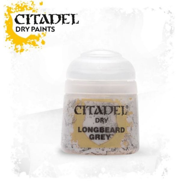 Citadel Longbeard Grey dry paint container for miniatures with bold branding and artistic background.