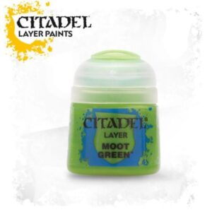 Vibrant Citadel Moot Green paint container, perfect for miniature layering and detailed artwork.