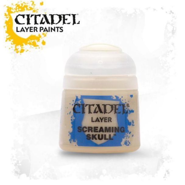 Citadel Screaming Skull Layer Paint jar for miniatures, featuring a cream color and vibrant labels.