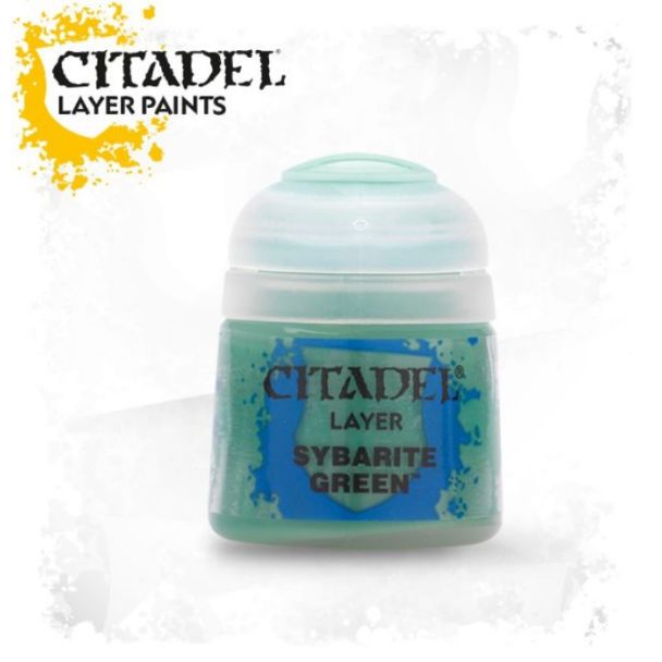 Citadel Sybarite Green Layer Paint Pot: vibrant turquoise for miniature painting enthusiasts.