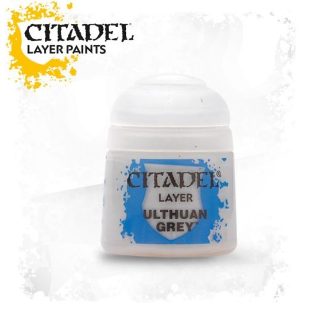 Citadel Ulthuan Grey Layer Paint for miniatures in sleek, professional packaging with vibrant blue accents.