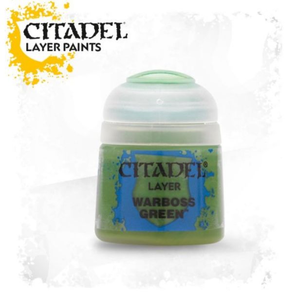 Citadel Warboss Green Layer Paint container for vibrant miniature painting.