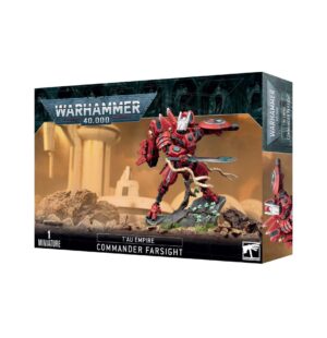 Commander Farsight model kit for Warhammer 40,000, featuring vibrantTau Empire artwork and design.