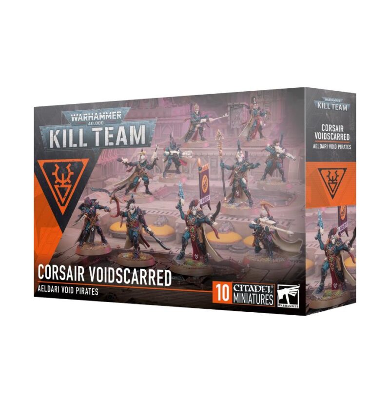 Corsair Voidscarred miniatures box for Warhammer Kill Team, featuring vibrant art and tactical gameplay.